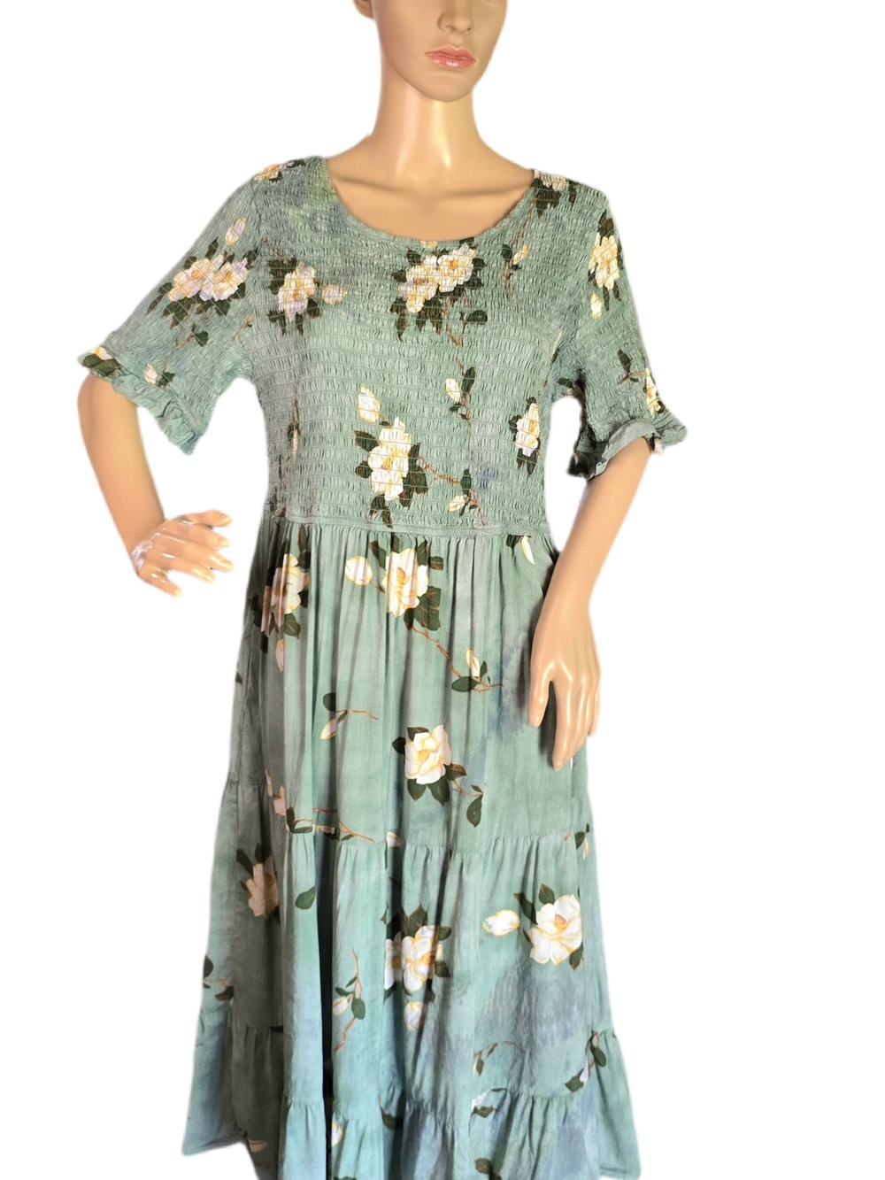 Smocked Cotton Floral Midi Dress in Sage Green With Pockets